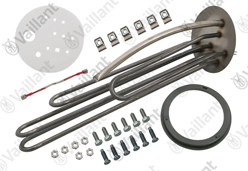 Vaillant Heizelement mit mehreren gewundenen Rohren, Montagescheiben und Befestigungsschrauben, zur Verwendung in Heizsystemen.